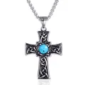 Collar cruz celta vintage de acero inoxidable con piedra azul sobre fondo blanco - Color Acero