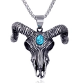 Collar con colgante de calavera de carnero punk con turquesa azul en acero inoxidable - Plata Antigua