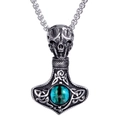 Collana con pendente Mjölnir vintage in acciaio inossidabile con occhio di gatto e teschio - Ciondolo Martello di Thor Solo (Senza Catena) Acciaio Verde