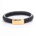 Pulsera trenzada de cuero negro para hombre con un cierre magnético de metal dorado - Cuero Negro Costura Blanca 20.5CM