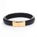 Fashionable braided black leather bracelet with a polished gold metal clasp for men - Black Leather Black Stitching 20.5CM
