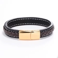Pulsera de cuero trenzado de doble capa con correa negra y hebilla de metal dorado - Cuero Café + Cuero Negro 20.5CM