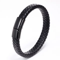 Close-up of braided black leather bracelet featuring a polished black metal magnetic clasp - Black Leather Shiny Black Buckle 20.5CM