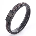 Herrenarmband aus schwarzem Leder und braunem Geflecht mit magnetischem Metallverschluss - Schwarze Schließe Kaffeebraunes und Schwarzes Leder