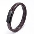 Detail of dark brown braided leather bracelet featuring a matte black magnetic clasp - Brown Leather Shiny Black Buckle 20.5CM