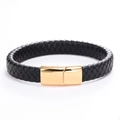 Men's black braided leather bracelet with high-gloss gold magnetic metal clasp - Black Leather Gold Buckle 20.5CM