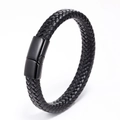 Detail of multi-strand black braided leather bracelet with matte magnetic clasp - Black Leather Shiny Black Buckle 20.5CM