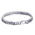 Mens silver stainless steel cuban link bracelet with industrial buckle on white background - 8mm Width 21.5cm Length