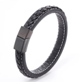 Detail eines schwarzen Lederarmbands mit mattem Magnetverschluss aus Metall und weißen Nähten - Schwarze Schließe Schwarzes Leder mit Weißen Nähten