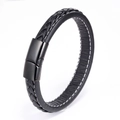 Pulsera trenzada de cuero negro para hombre con costuras en contraste y cierre imán - Cuero Negro + Costura Blanca 21CM