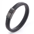 Detailed view of handmade black braided leather bracelet with matte black magnetic clasp - Black Leather Matte Black Buckle 20.5CM