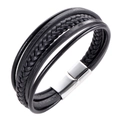 Bracciale multistrato in pelle intrecciata nera da uomo con chiusura magnetica in acciaio - 21cm / Nero