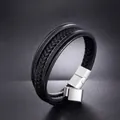 Men's multilayer black braided leather bracelet with silver magnetic buckle closure - Black / 21cm