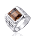 Men's stainless steel ring featuring a rectangular brown gemstone and grid textures - US 7 / Steel