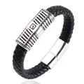 Pulsera de hombre en cuero negro trenzado con símbolo masónico y cierre magnético - 21cm / Color Acero