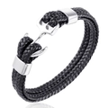 Pulsera de hombre en cuero trenzado negro de doble capa con cierre de ancla en acero plateado - Color Acero