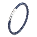 Deep blue braided leather bracelet with polished silver stainless steel buckle on white back - Blue / 21cm