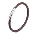 Men's dark brown braided leather bracelet with a silver stainless steel magnetic clasp - Brown / 21cm