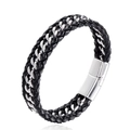 Bracciale da uomo in pelle nera intrecciata con catena argento e chiusura magnetica lucida - Chiusura Color Acciaio 21CM