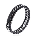 Bracciale da uomo in pelle nera intrecciata con catena argento e chiusura in metallo - Chiusura Nera 21CM
