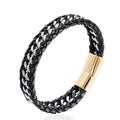 Bracciale multistrato da uomo in pelle nera intrecciata con chiusura magnetica dorata - Chiusura Dorata 21CM