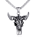 Vintage silver bull skull pendant necklace with a durable box chain for men - Steel Color