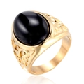 Vintage gold stainless steel ring with large oval black onyx gemstone and floral patterns - US 7 / Gold Black Zirconia