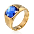 Anello con sigillo in acciaio inossidabile dorato da uomo con grande gemma blu quadrata - US 8 / Base Oro Pietra Blu