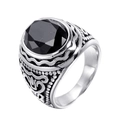 Anello vintage da uomo in acciaio inossidabile con grande pietra nera e incisioni floreali - US 7 / Argento/Zirconia Nera