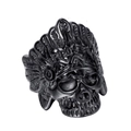 Anillo de calavera de jefe indio para hombre en acero chapado en oro negro mate con plumas - US 7 / Negro