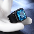 Detail of men's black stainless steel ring with a large blue rectangular zircon stone - Size 7 / Black with Coral Blue Zirconia