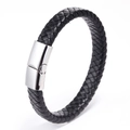 Detail of black braided leather bracelet with polished stainless steel magnetic clasp - Black Leather Steel Buckle 20.5CM