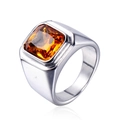 Detailed view of men's titanium steel ring featuring a large square amber gemstone - Steel Yellow Zirconia