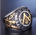 Retro stainless steel Freemasonry ring with golden compass G symbol on silver band - Gold & Silver