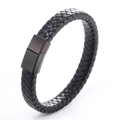 Close-up of black braided leather men's bracelet with a matte black magnetic clasp detail - Black Leather Matte Black Buckle 20.5CM