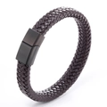 Detail of hand-woven dark brown leather strap with matte black square magnetic clasp for men - Brown Leather Matte Black Buckle 20.5CM