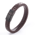 Detail of brown braided leather bracelet with a matte black metal clasp for men - Brown Leather Matte Black Buckle 20.5CM