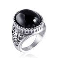 Macro detail of vintage relief carvings and oval black gemstone on silver ring - US 7 / Steel Color Black Zircon
