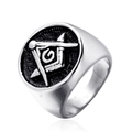 Anello massonico in acciaio inossidabile lucido con simbolo squadra e compasso nero - US 7 / Color Acciaio