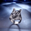 Vintage silver wolf head embossed ring in stainless steel with gothic wolf fur texture - US 7 / Steel
