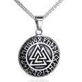 Colgante Valknut vikingo nórdico de acero plata antigua con grabado de runas - Colgante Color Acero (Sin Cadena)