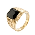 Men's gold stainless steel ring with square black gemstone and Greek meander pattern - Gold Black Zirconia