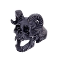 Dettaglio macro dell'anello teschio di montone punk con corna e trama gotica in acciaio - US 7 / Nero Occhio Nero