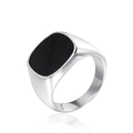 Anello con sigillo d'argento con intarsio rettangolare nero su sfondo bianco puro - US 7 / Color Acciaio