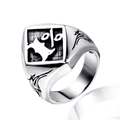 Vintage stainless steel signet ring for men featuring black punk style pattern engraving - US 7 / Steel