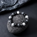 Men's tiger eye and lava stone beaded bracelet with polished black agate and white stones - Map Stone Style (S808-B)