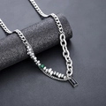 Men's titanium steel necklace with black zircon pendant and green bead accent - Black Zirconia Necklace (L1092-A)