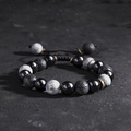 Bracelet ajustable en obsidienne et pierre volcanique pour homme avec perles en bronze - Style Perlé Obsidienne Lave (S153-A)