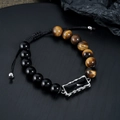 Verstellbares Tigerauge-Perlenarmband mit schwarzem Edelstein in Silberfassung - Gelbes Tigerauge Armband Stil (S1099-A)
