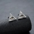 Retro triangle Eye of Providence stud earrings with amber stone in vintage silver finish - Eye of Providence (X922-B) / Retro Silver Tone (Amber Rhinestone)